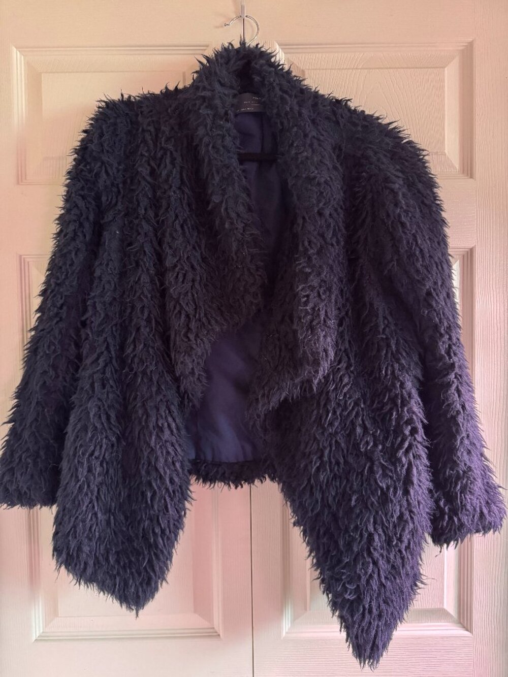Zara Basic Faux Fur Outerwear Size S – Navy Blue Open Front Jacket